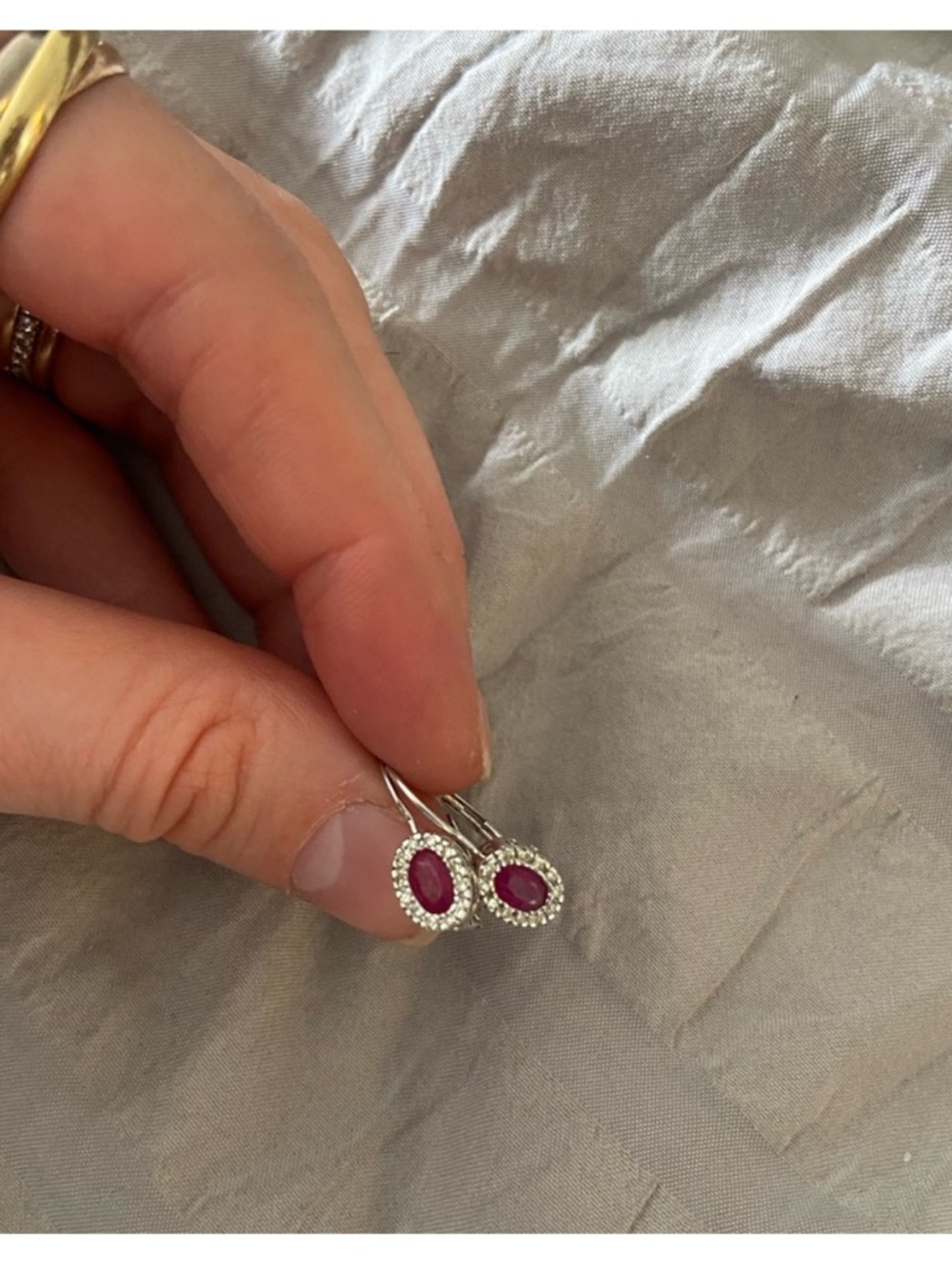 14k White Gold Ruby Halo Drop Earrings - Pink Ruby